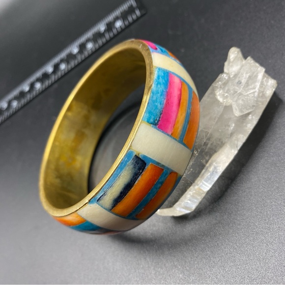 Brass & Bone Inlay Dyed Multicolored Natural Bohemian Chunky Bangle Bracelet - Picture 6 of 7